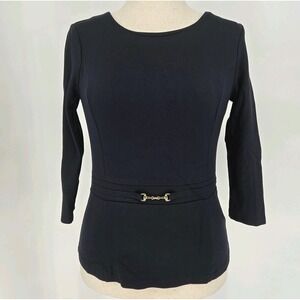 Talbots Petite Navy Peplum Top Gold Horsebit Accent 3/4 Sleeve SP Bessette Style